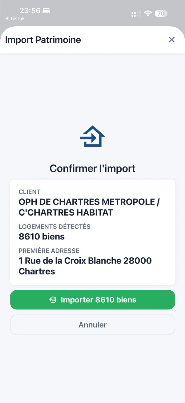 Import de patrimoine — 8 610 biens sur iPhone DiagMobile