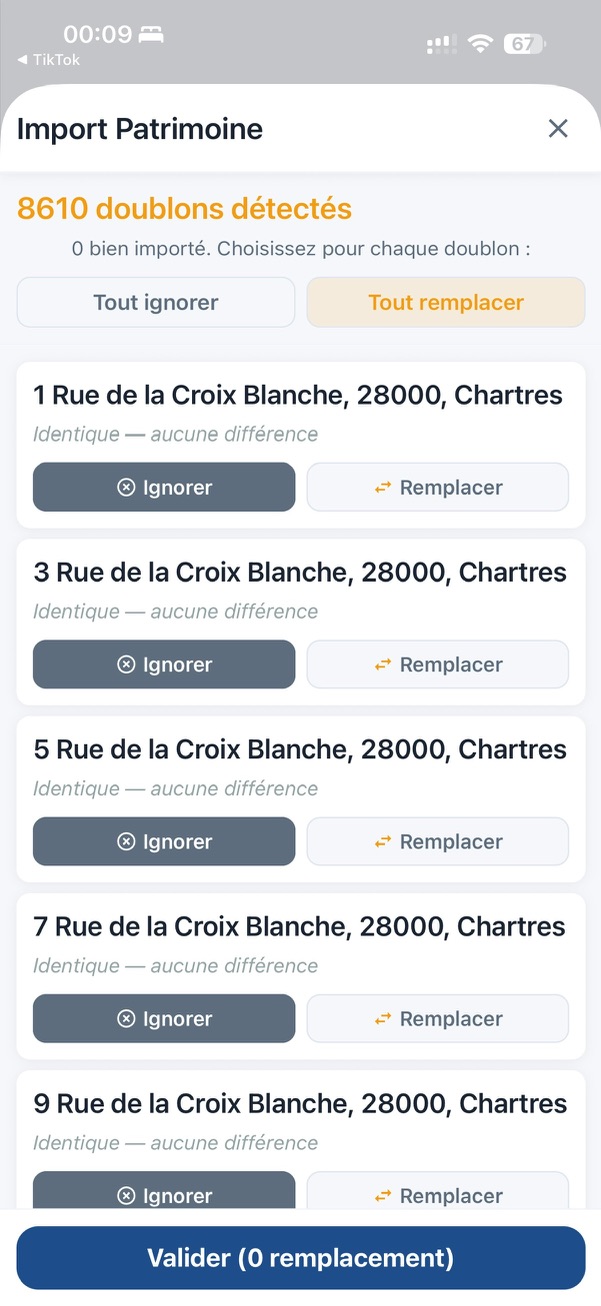 Gestion des doublons à l'import patrimoine DiagMobile