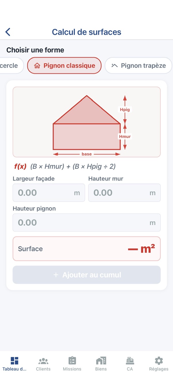 Calcul de surfaces DiagMobile — formes avancées