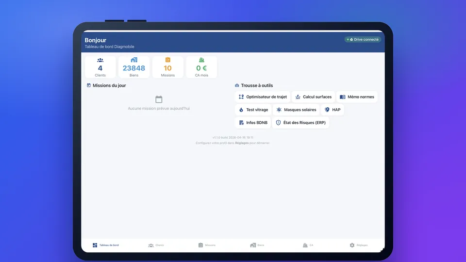 Tableau de bord — DiagMobile sur tablette