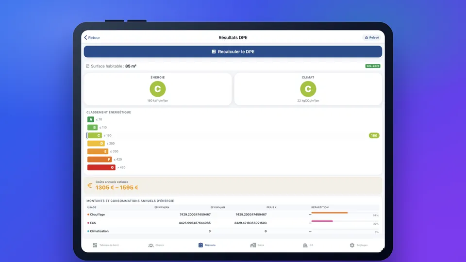 Résultats DPE — étiquettes énergie & climat — DiagMobile sur tablette