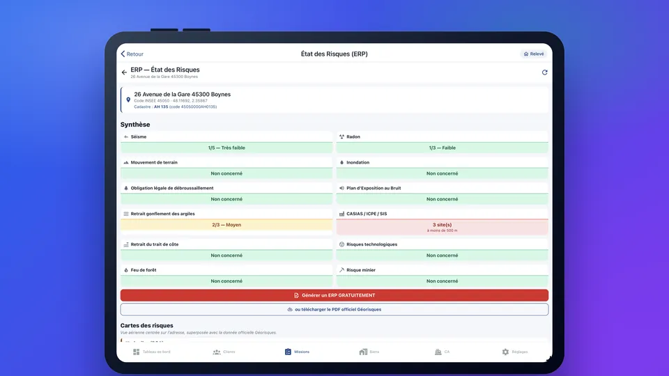 État des Risques et Pollutions (ERP) — DiagMobile sur tablette