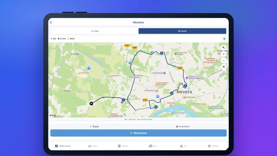 Optimisation de tournée — carte — DiagMobile sur tablette