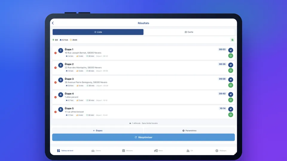 Optimisation de tournée — étapes — DiagMobile sur tablette