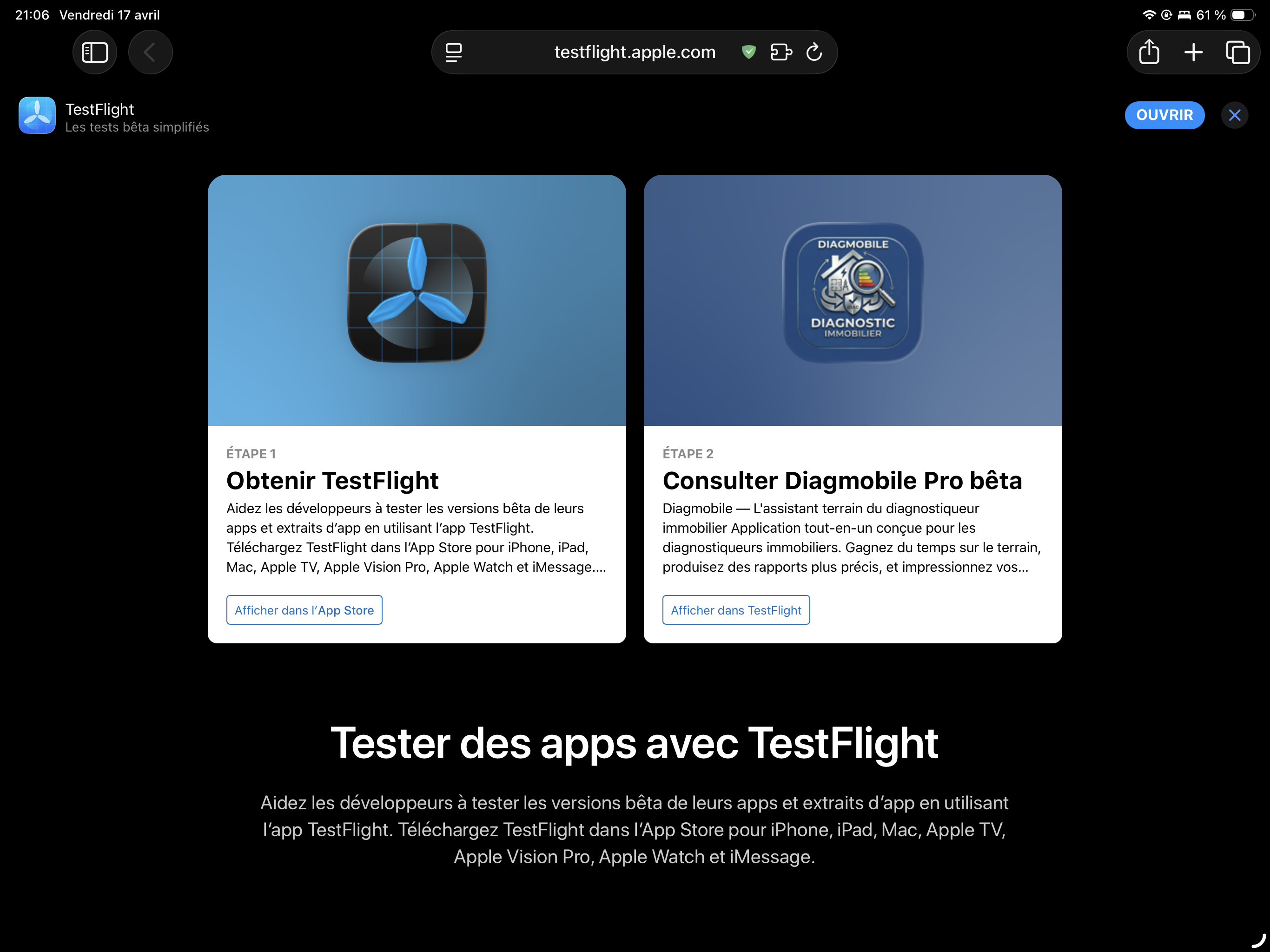 Page d'invitation TestFlight DiagMobile