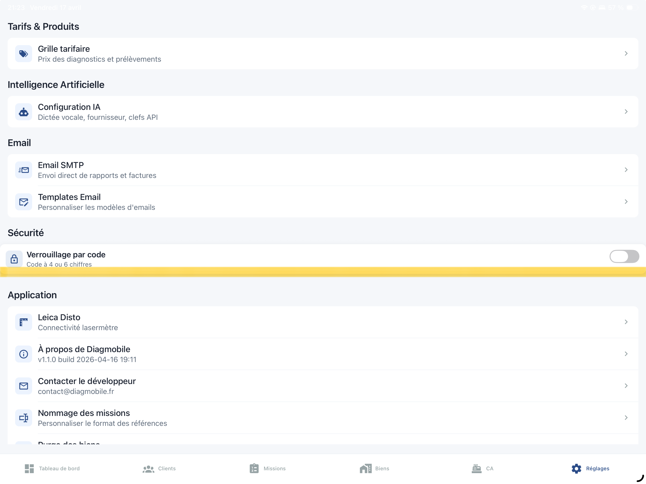Écran de définition du code PIN DiagMobile