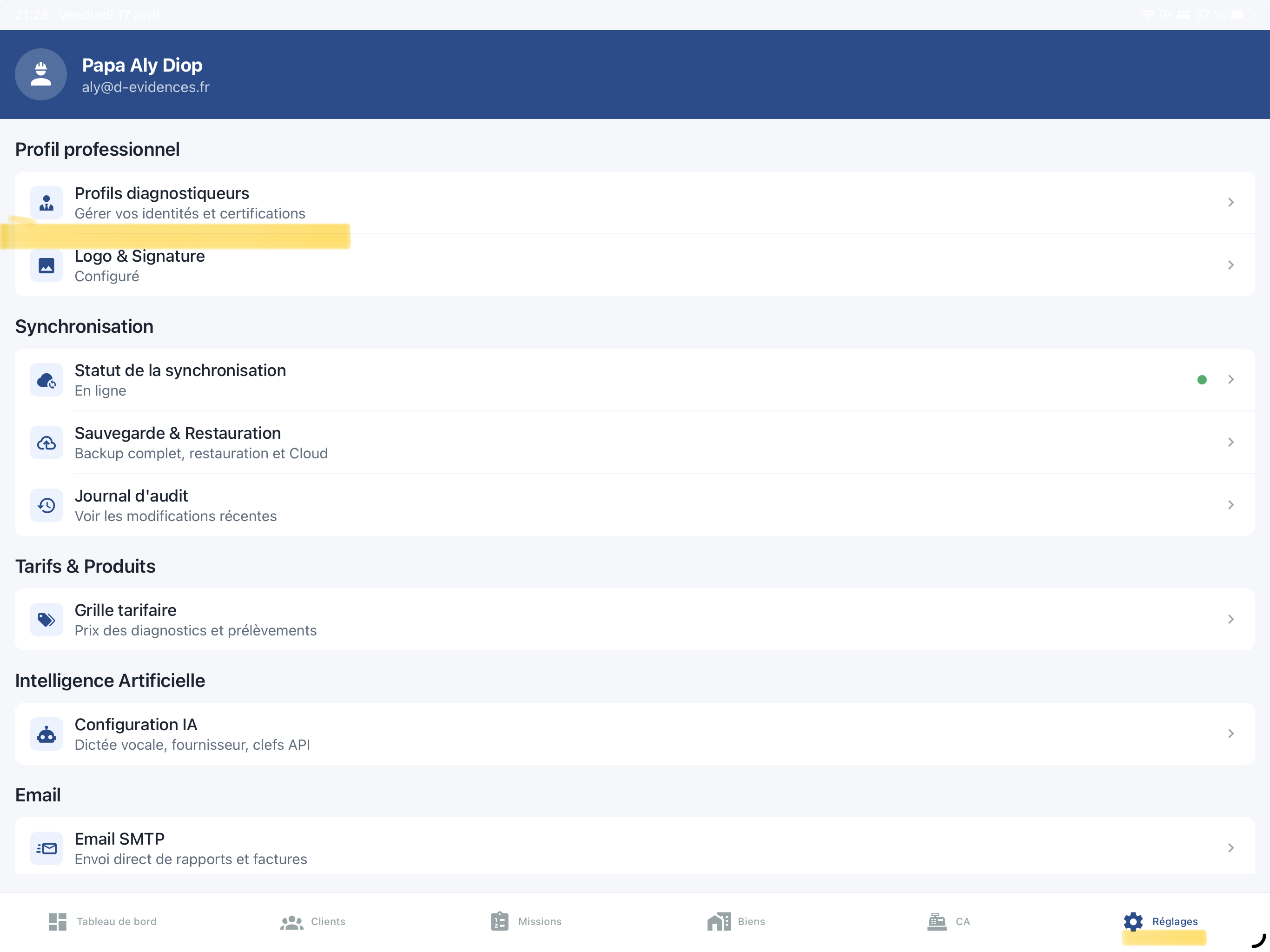 Accéder aux réglages du profil diagnostiqueur