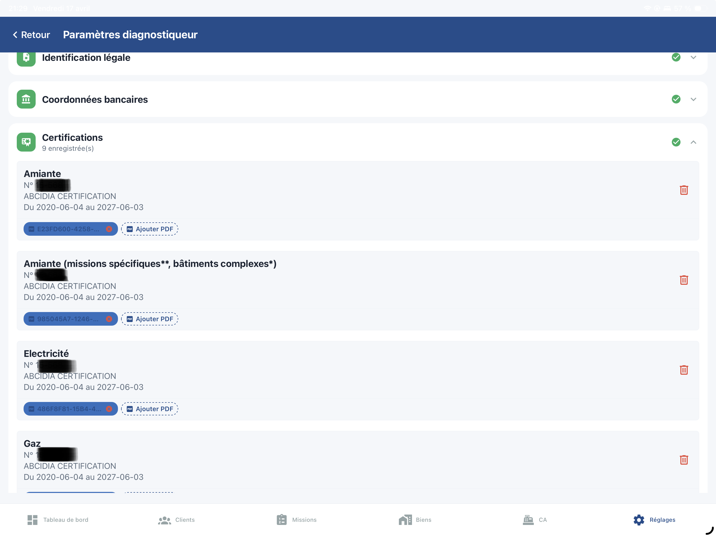 Gestion des certifications du diagnostiqueur