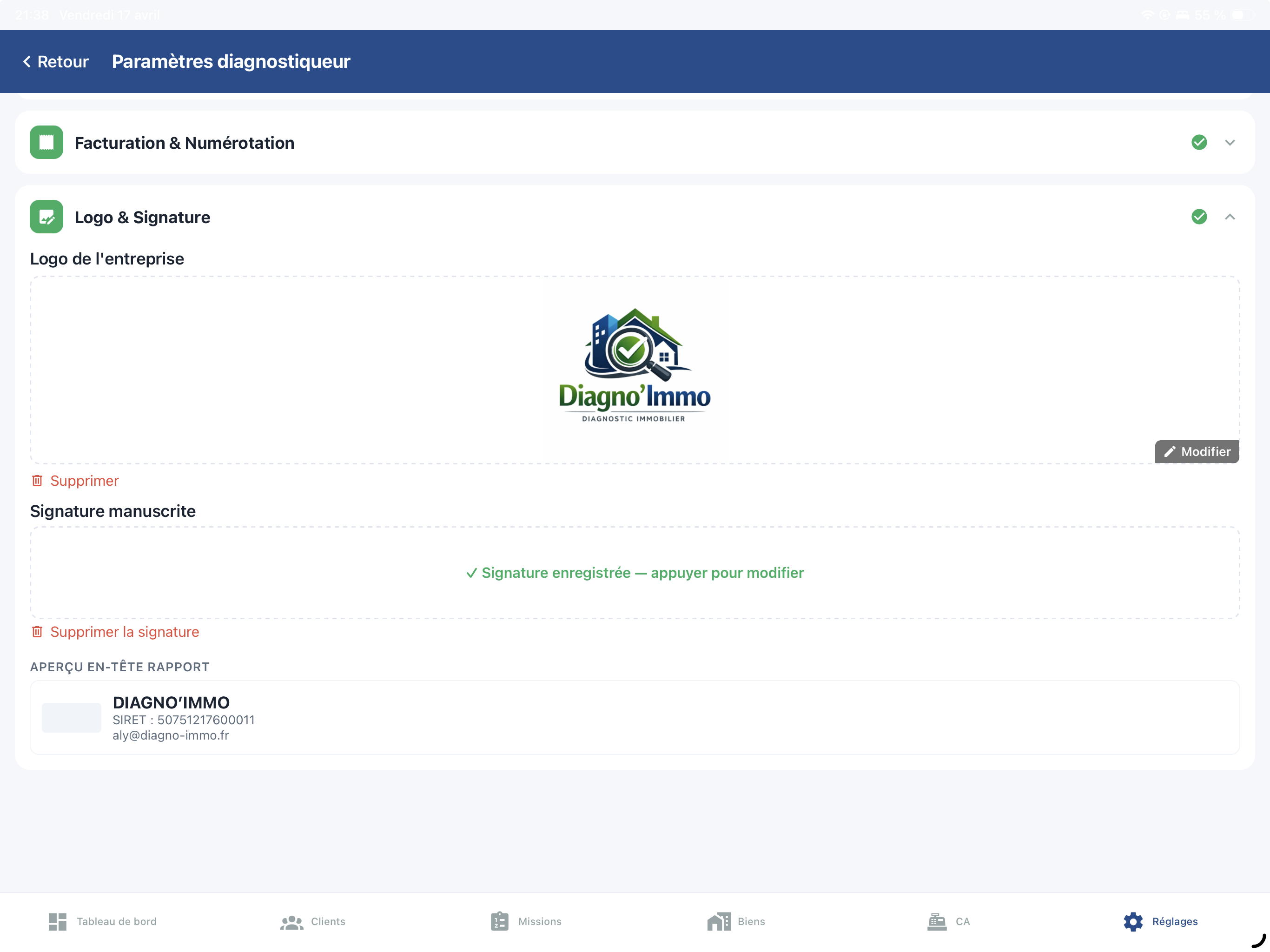 Upload du logo et dessin de la signature