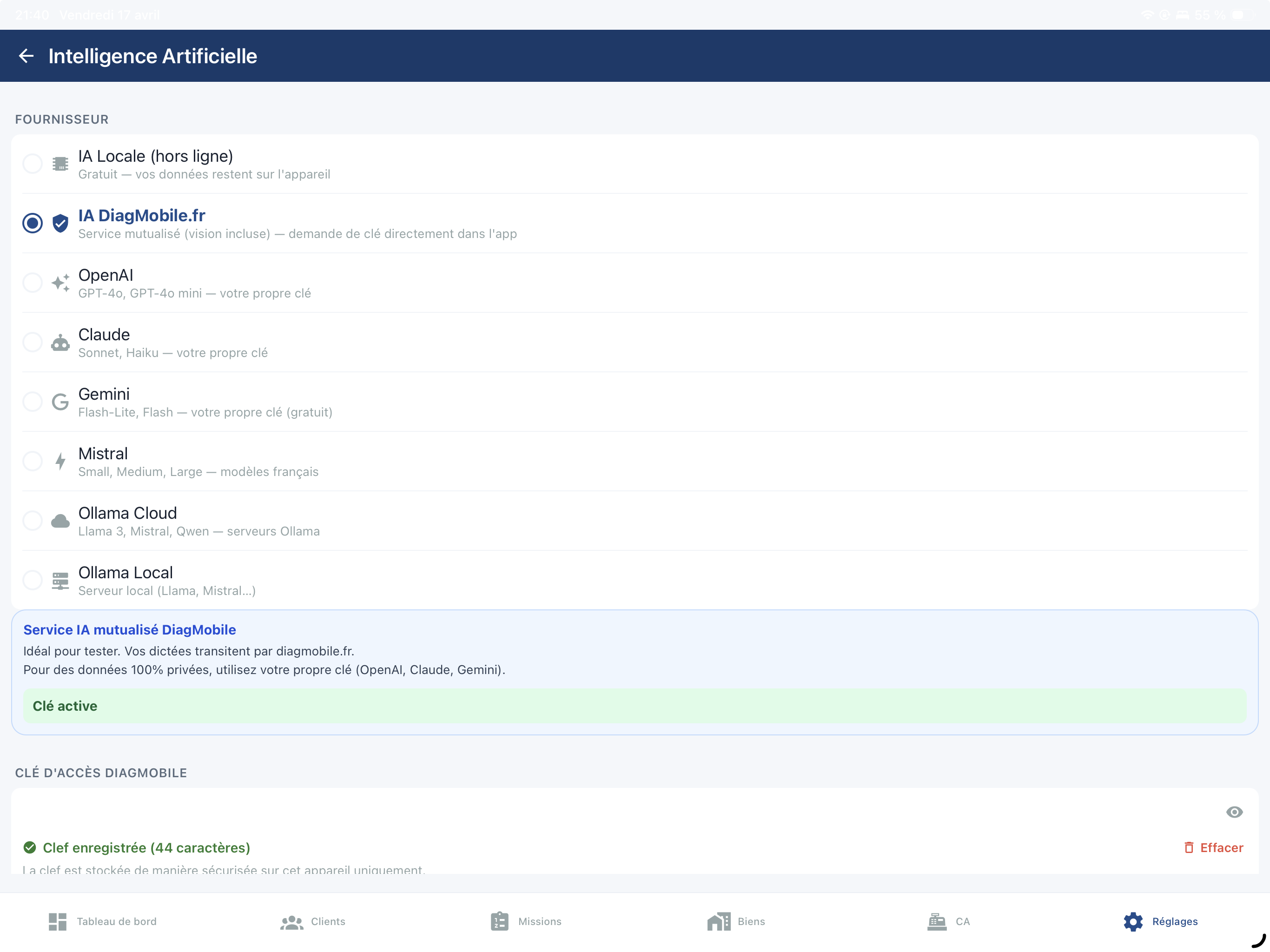 Choix du fournisseur IA dans DiagMobile