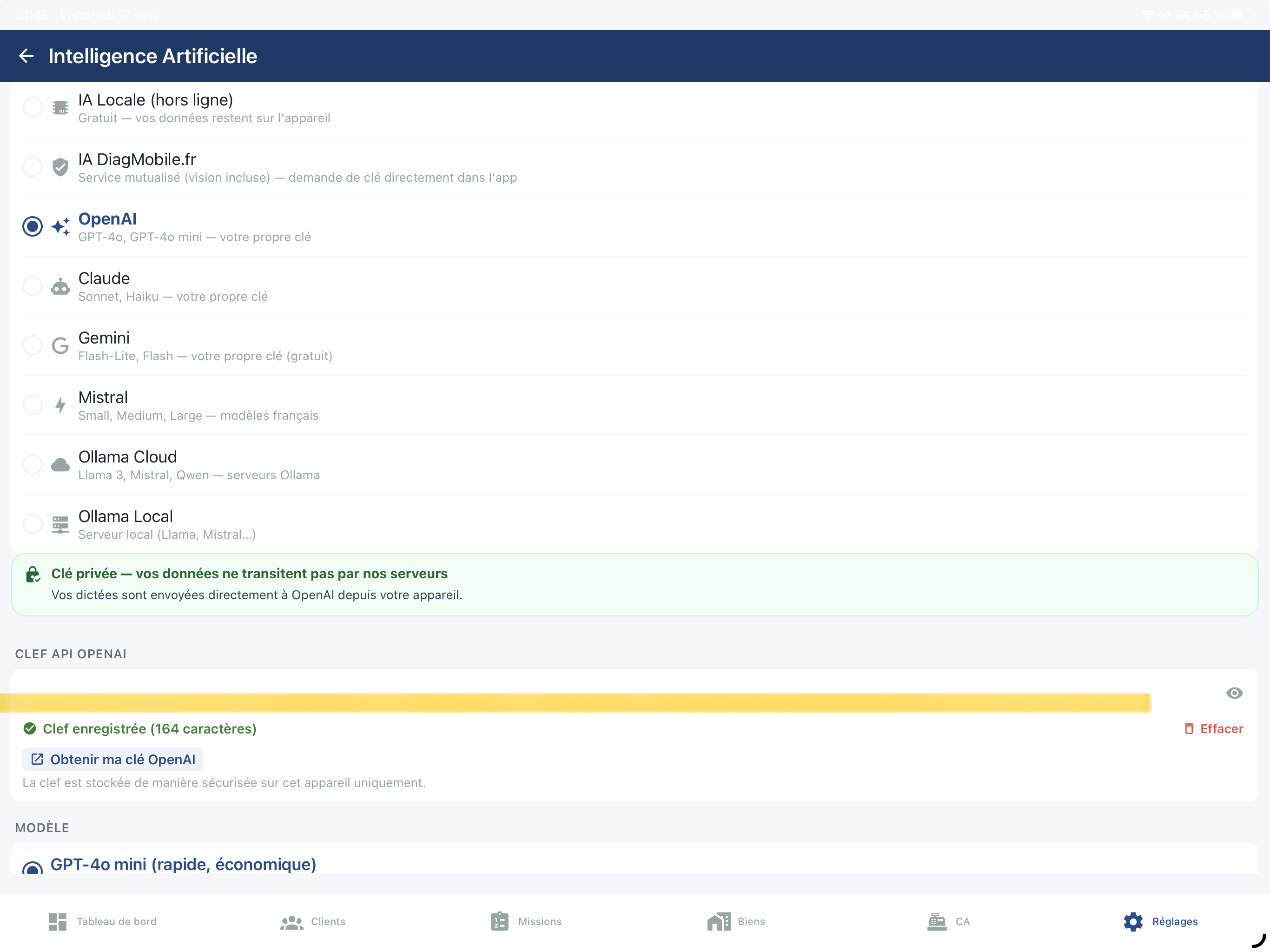Saisie d'une clé API dans DiagMobile