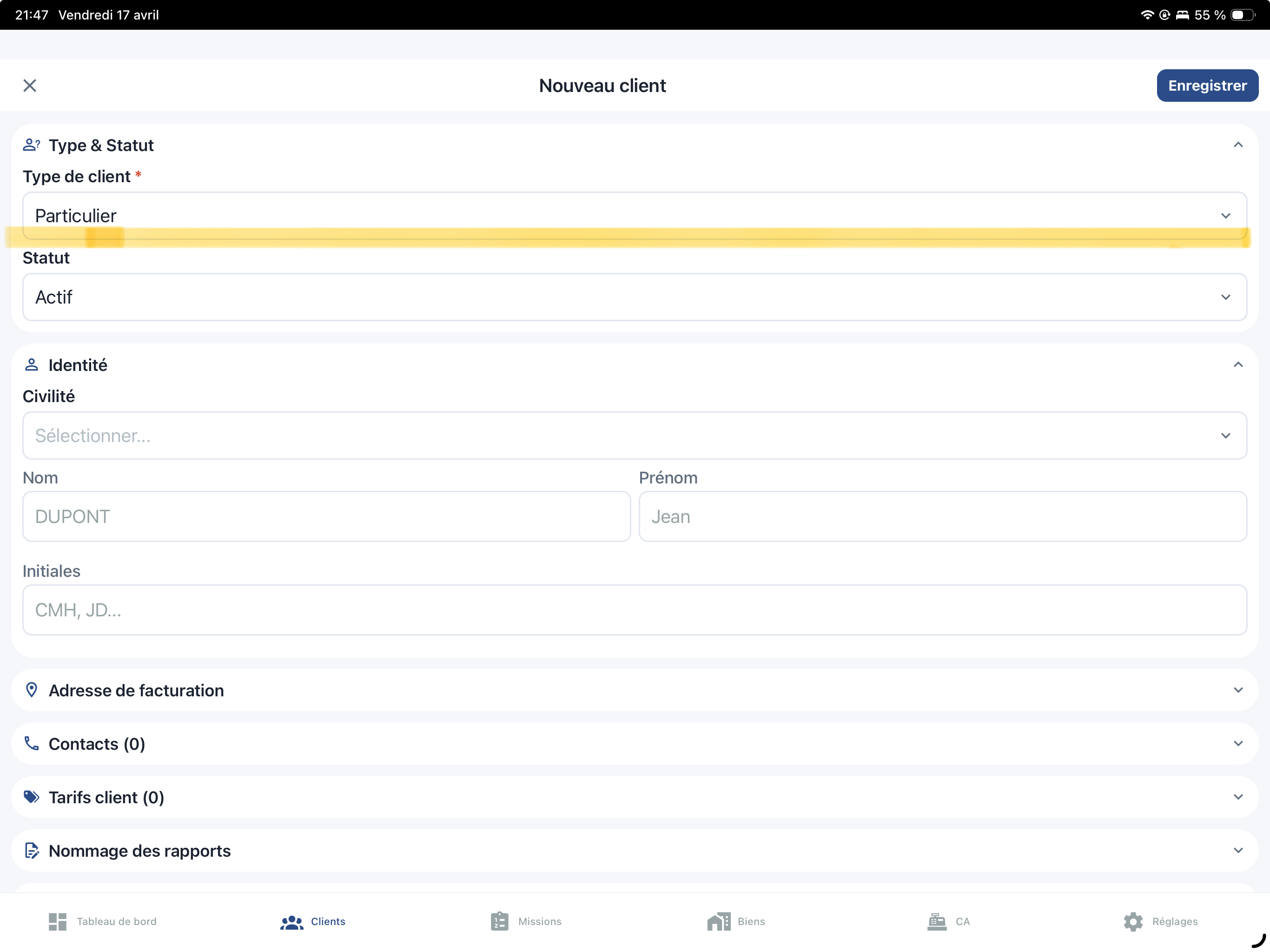Choix du type de client dans DiagMobile