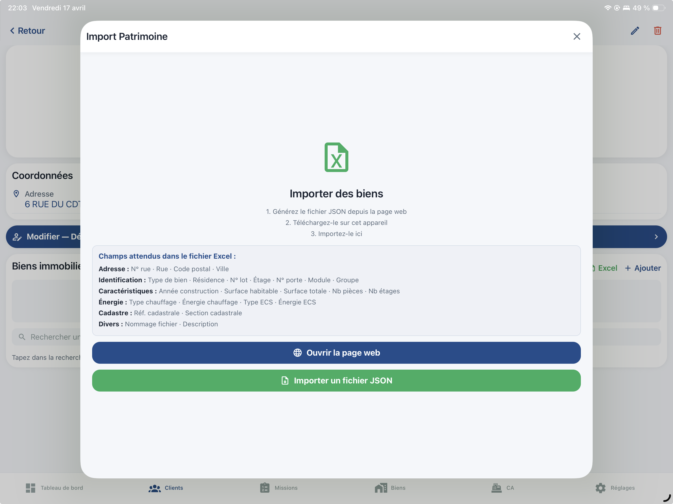 Mappage des colonnes Excel vers les champs DiagMobile