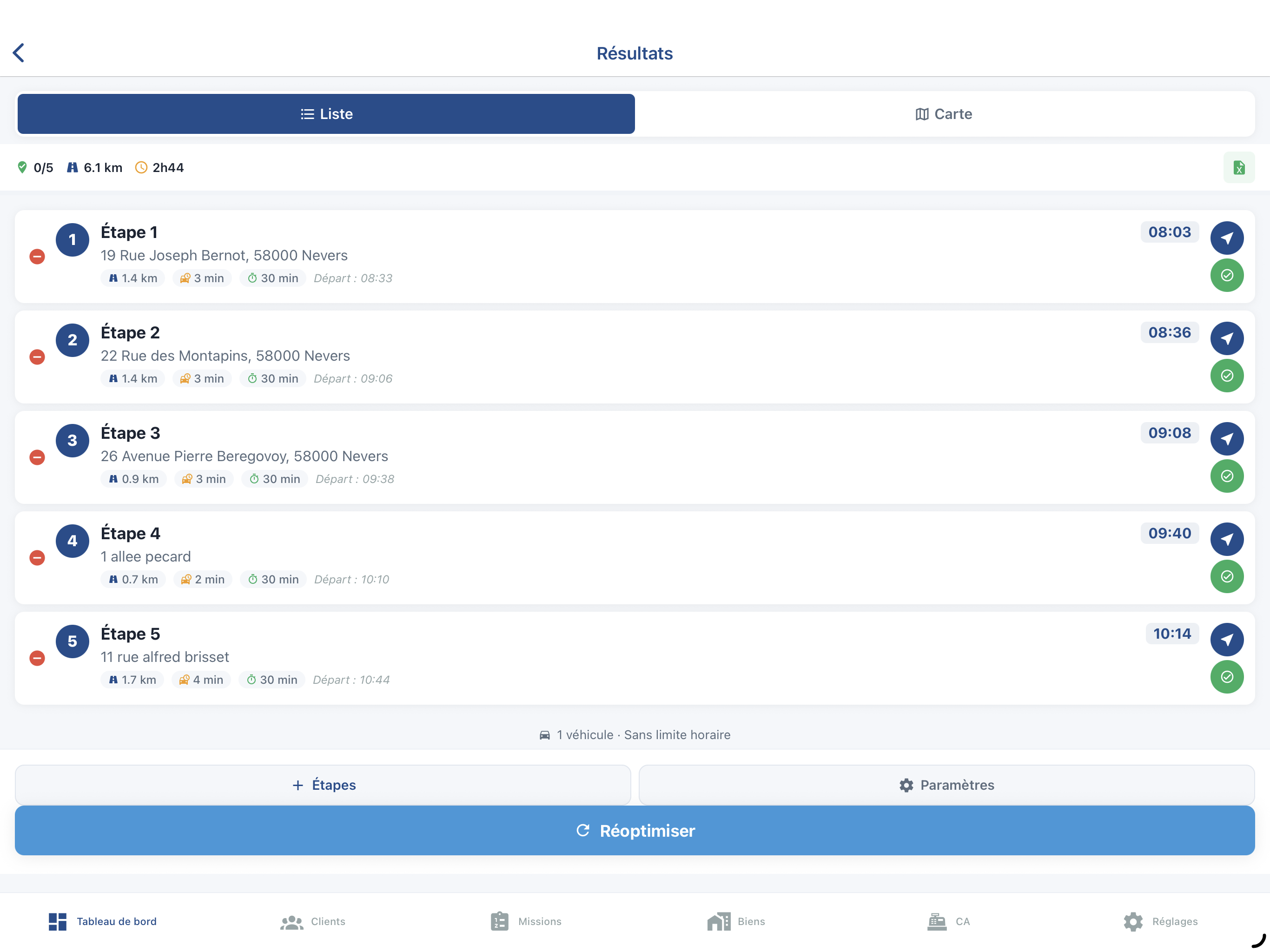 Écran d'optimisation des tournées