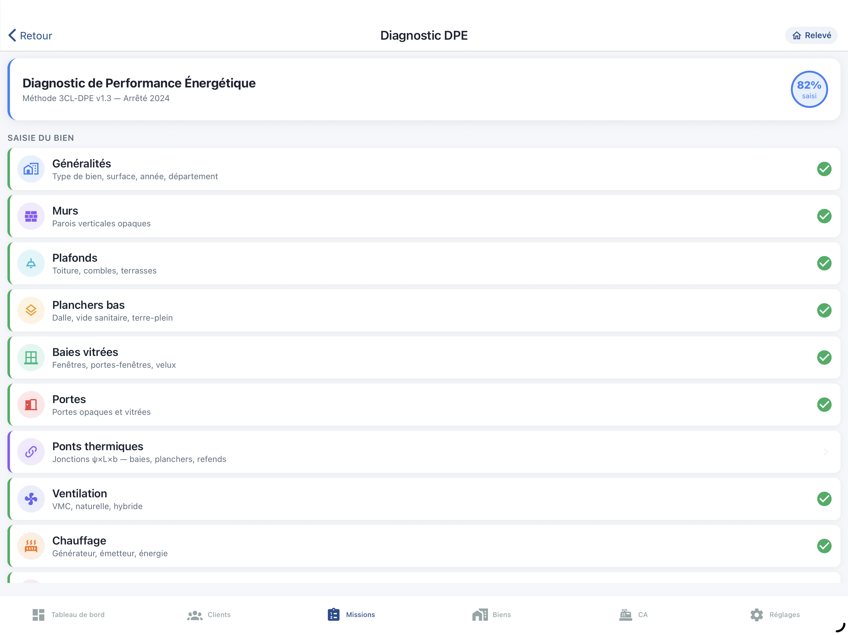Onglets du DPE dans DiagMobile