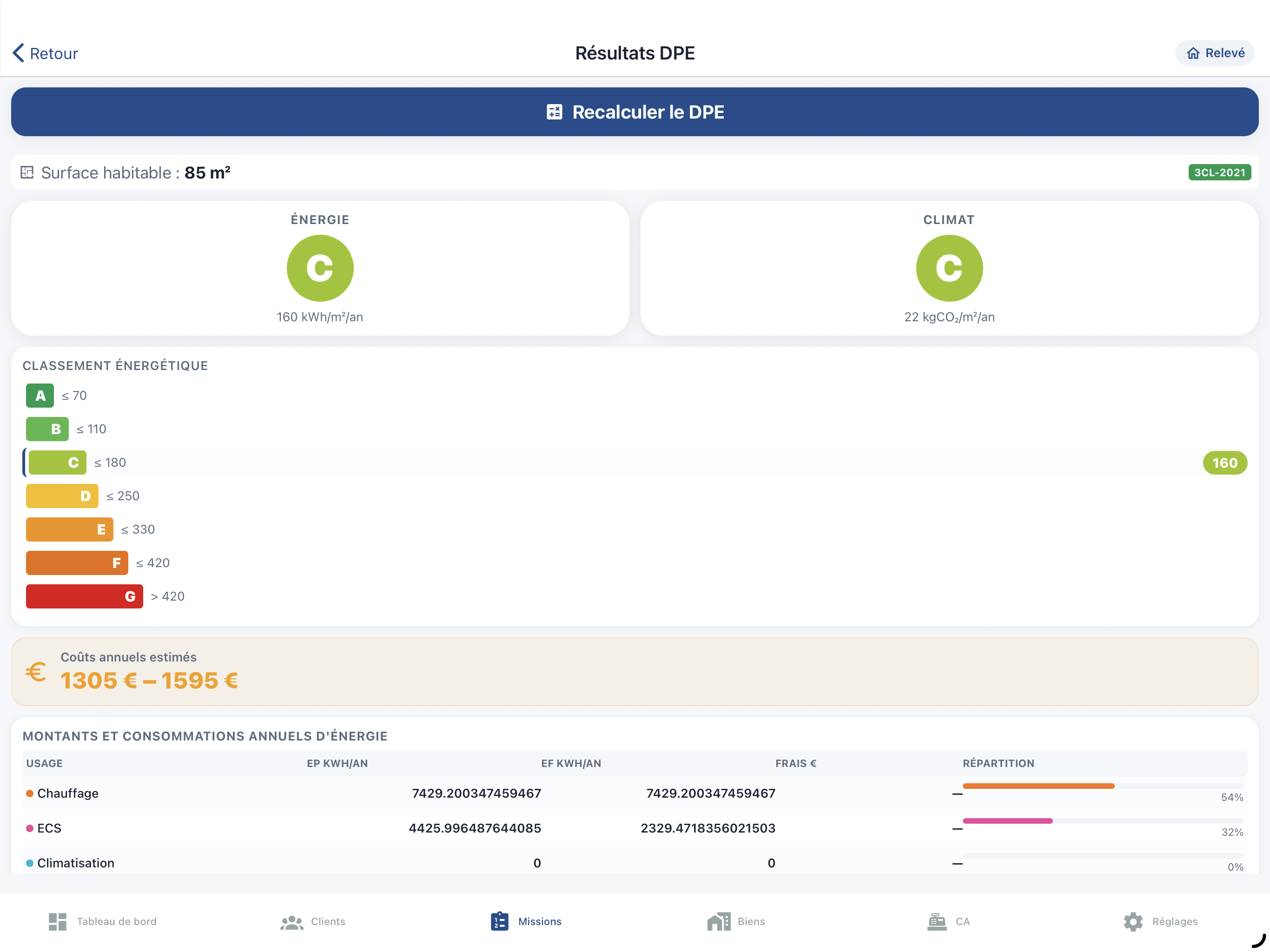 Résultat DPE avec étiquettes énergie et GES