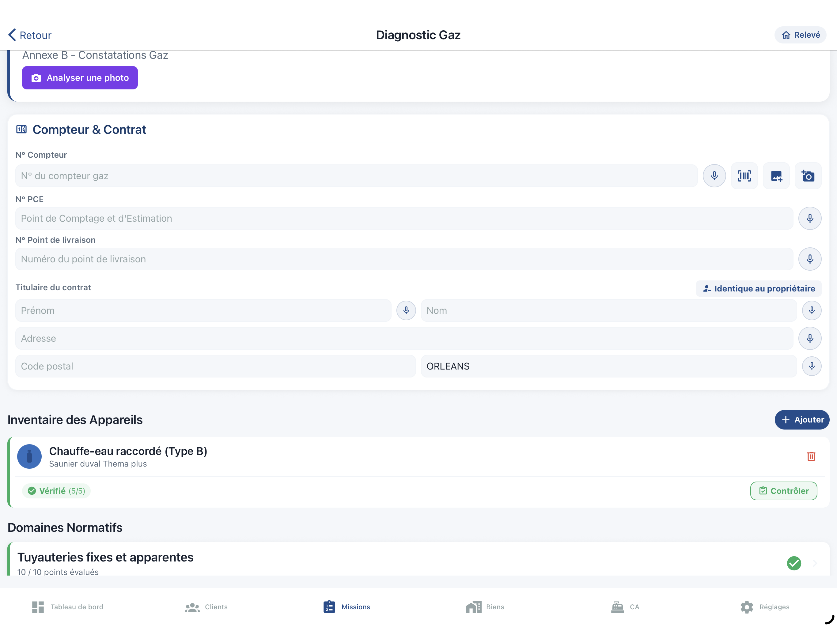 Structure du diagnostic gaz avec partie commune et appareils