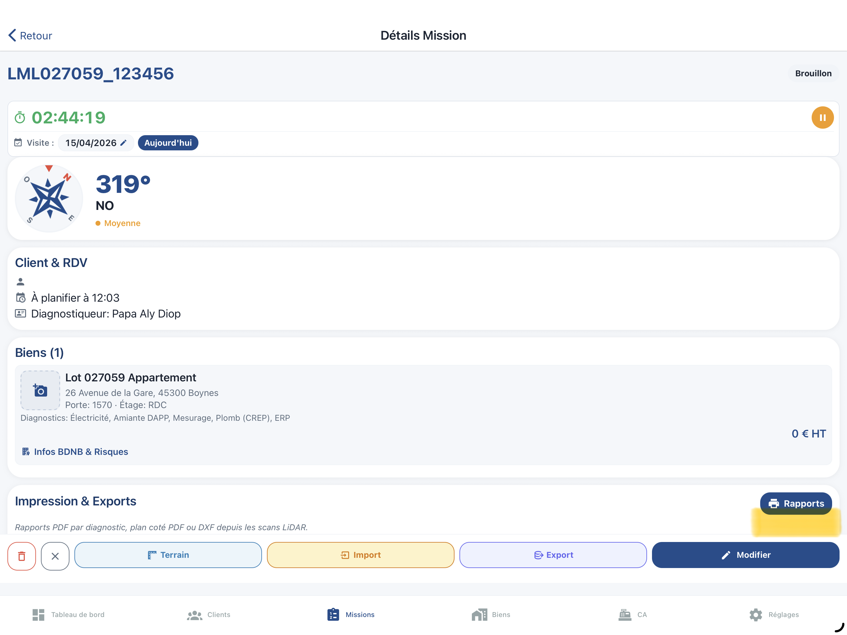 Écran de génération de rapport