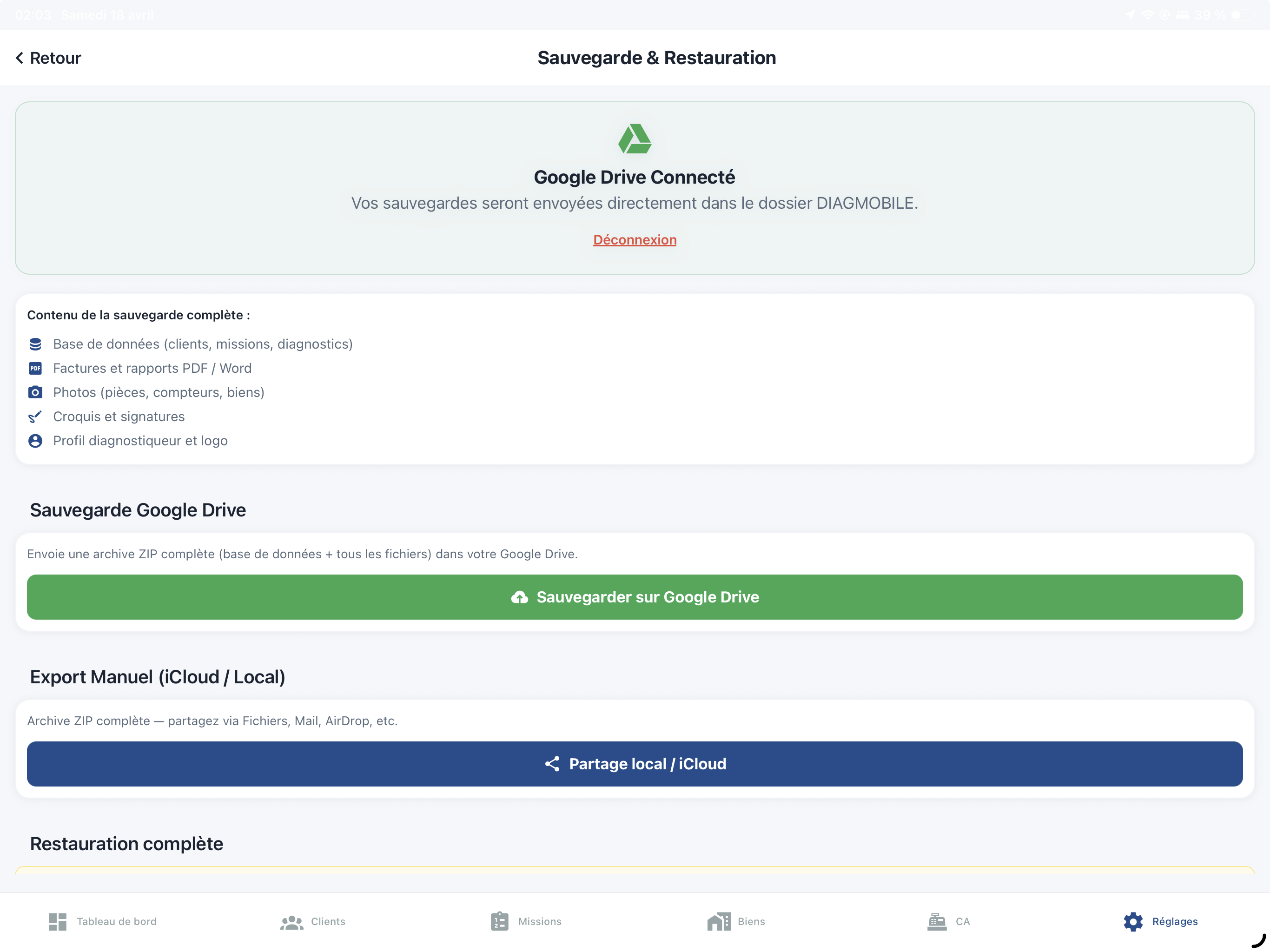 Écran Sauvegarde et Restauration DiagMobile